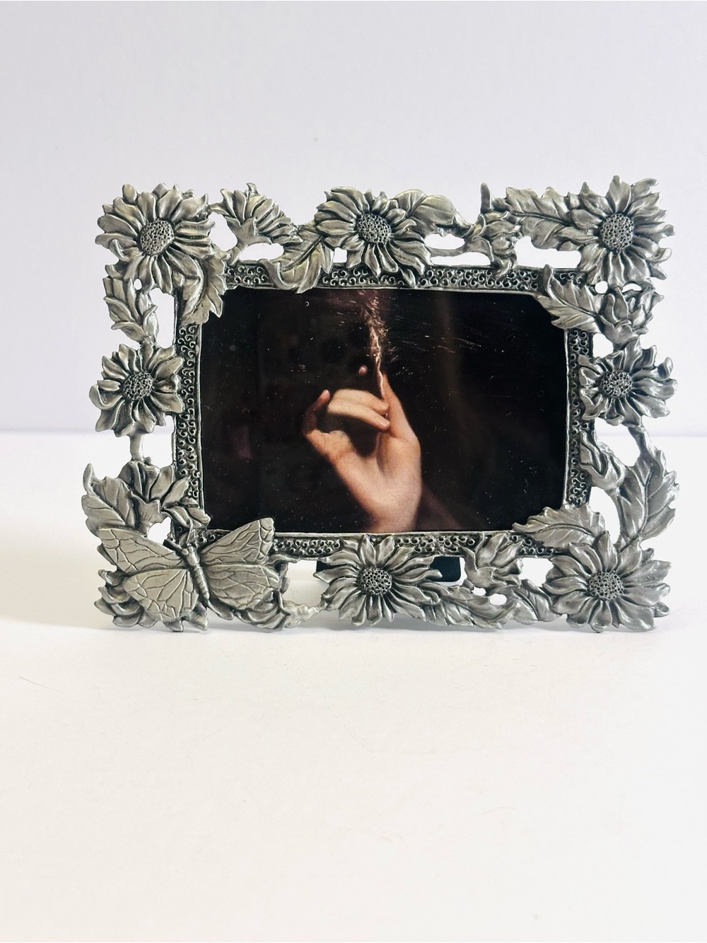 1980s Moon Garden Butterfly — Vintage Pewter Botanical Frame5x3.5” Heavy Ornate